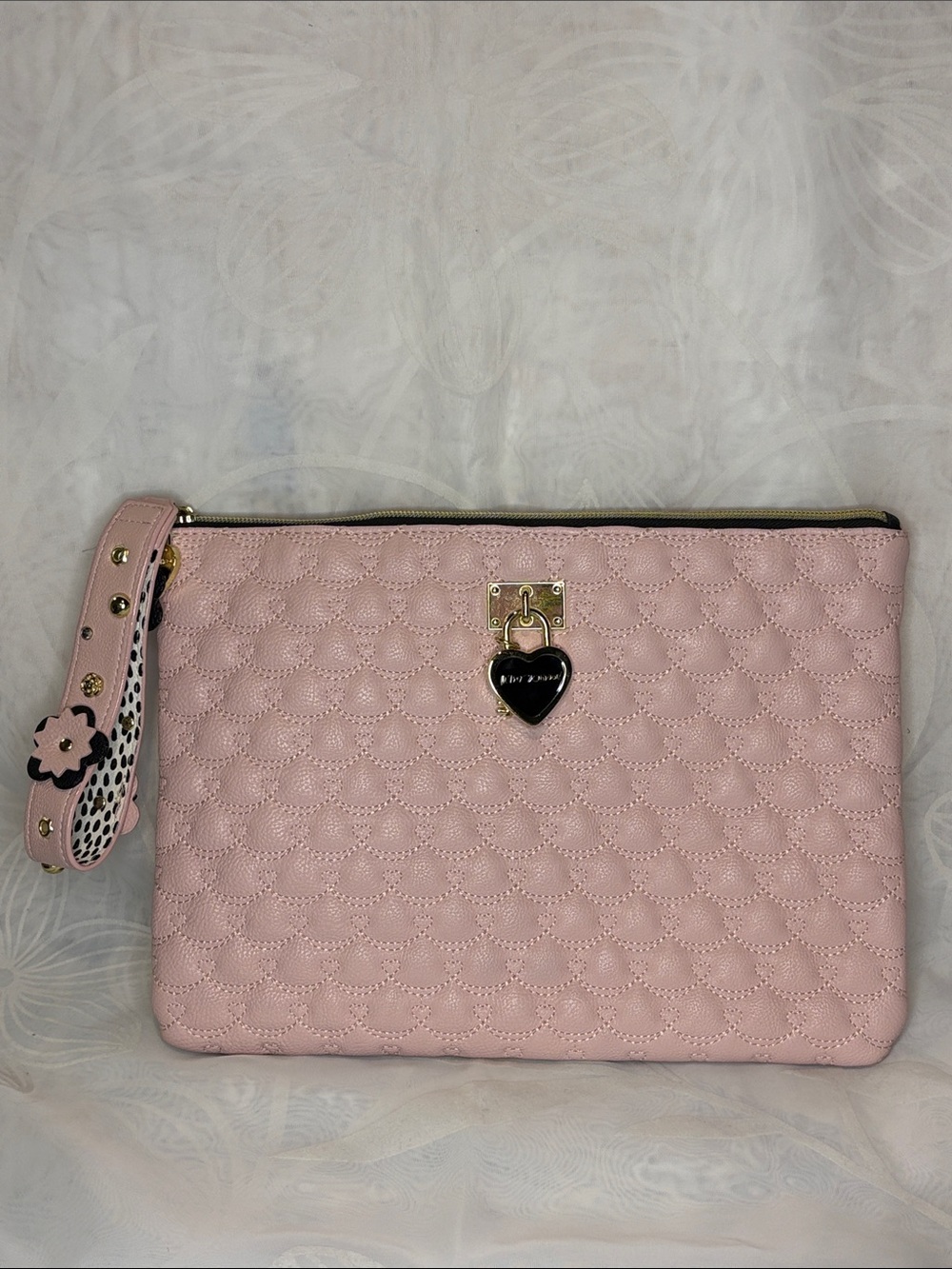 Betsey Johnson Pink Quilted Heart Wristlet Clutch Bag with Padlock Charm